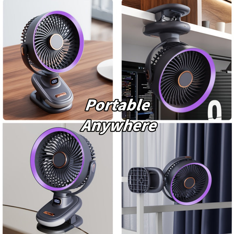 New Silent Clip-on Fan with Night Light, 5 Speed Levels, Dual Lithium Batteries for Ultra-Long Runtime, Standable/Clipable/Hangable, Bi-Directional Rotation, Timer & LED Display, Clip-on/Wall-Mounted/Desktop Air Circulator