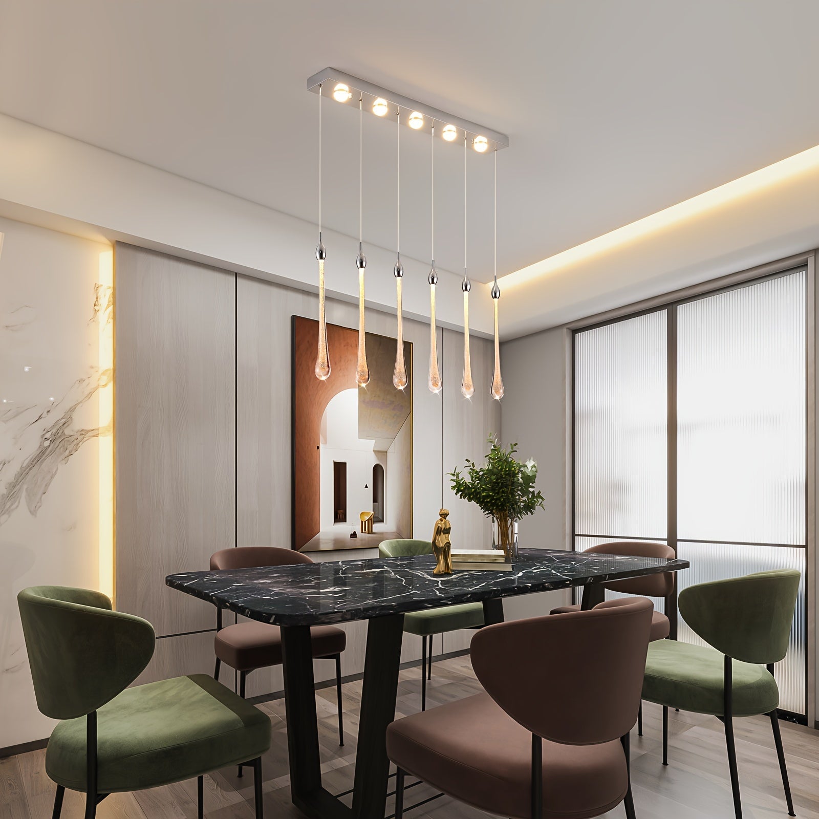 Qcyuui 6-light modern crystal teardrop pendant light - dimmable RGB-like color temperature (3000K-6000K) LED pendant light, with remote control, adjustable height and semi-flush mount installation, polished chrome finish