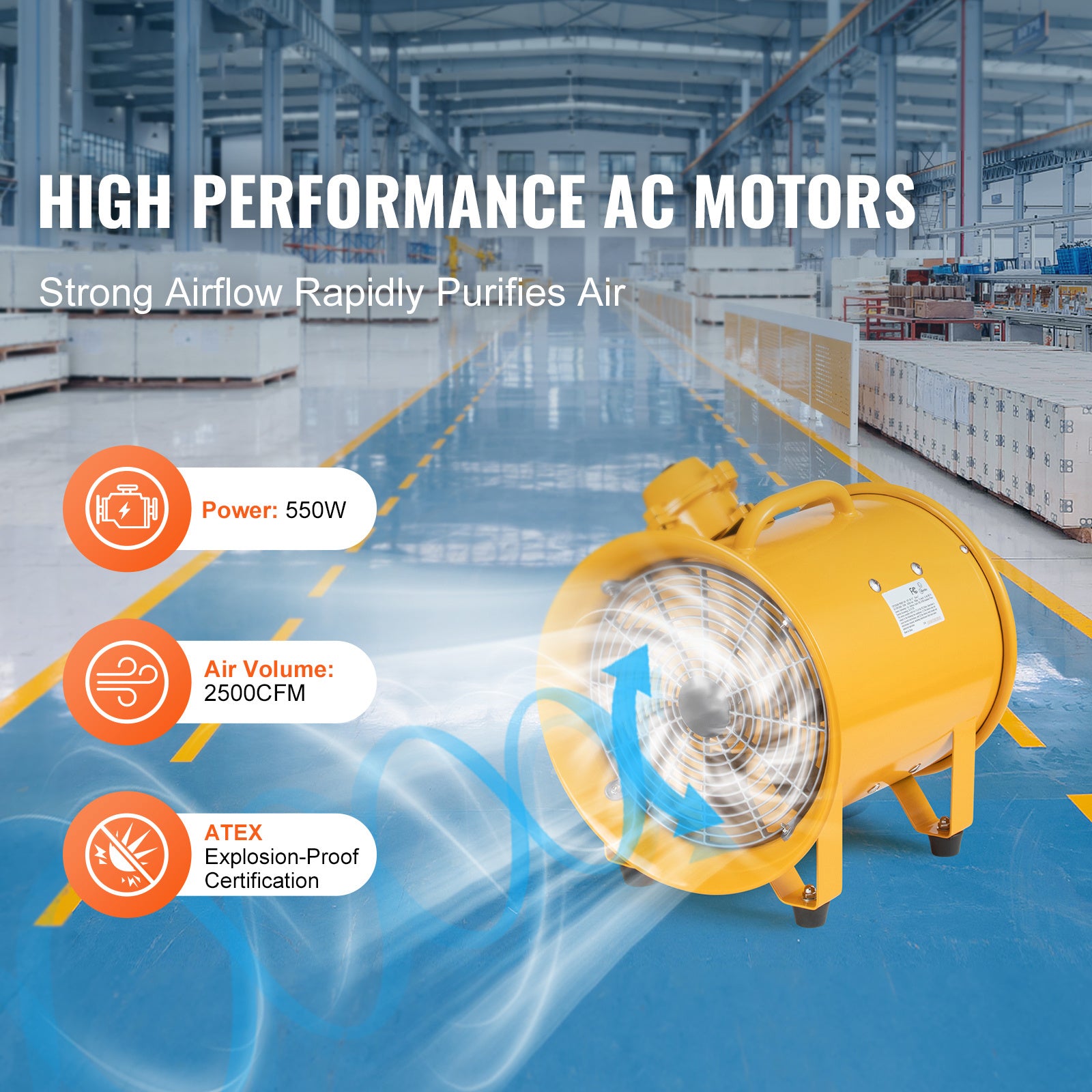 VEVOR Portable Ventilator, 12"/16" Heavy Duty Cylinder Fan, 550W/1100W Powerful Exhaust Fan, 2500CFM/4240CFM, 9.8ft/16.4ft Power Cord (No Charging Head), Industrial Dust & Smoke Blower, for Home/Workplace
