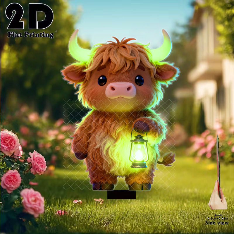 2D Flat 1 Piece Cute Highland Cow Holding Glow Light Garden Decoration Ground Insert, Outdoor Courtyard Garden Lawn Decorative Ornament, Garden and Flower Bed Decorative Stake, Perfect for Courtyard, Lawn, Bonsai - Festival Decoration