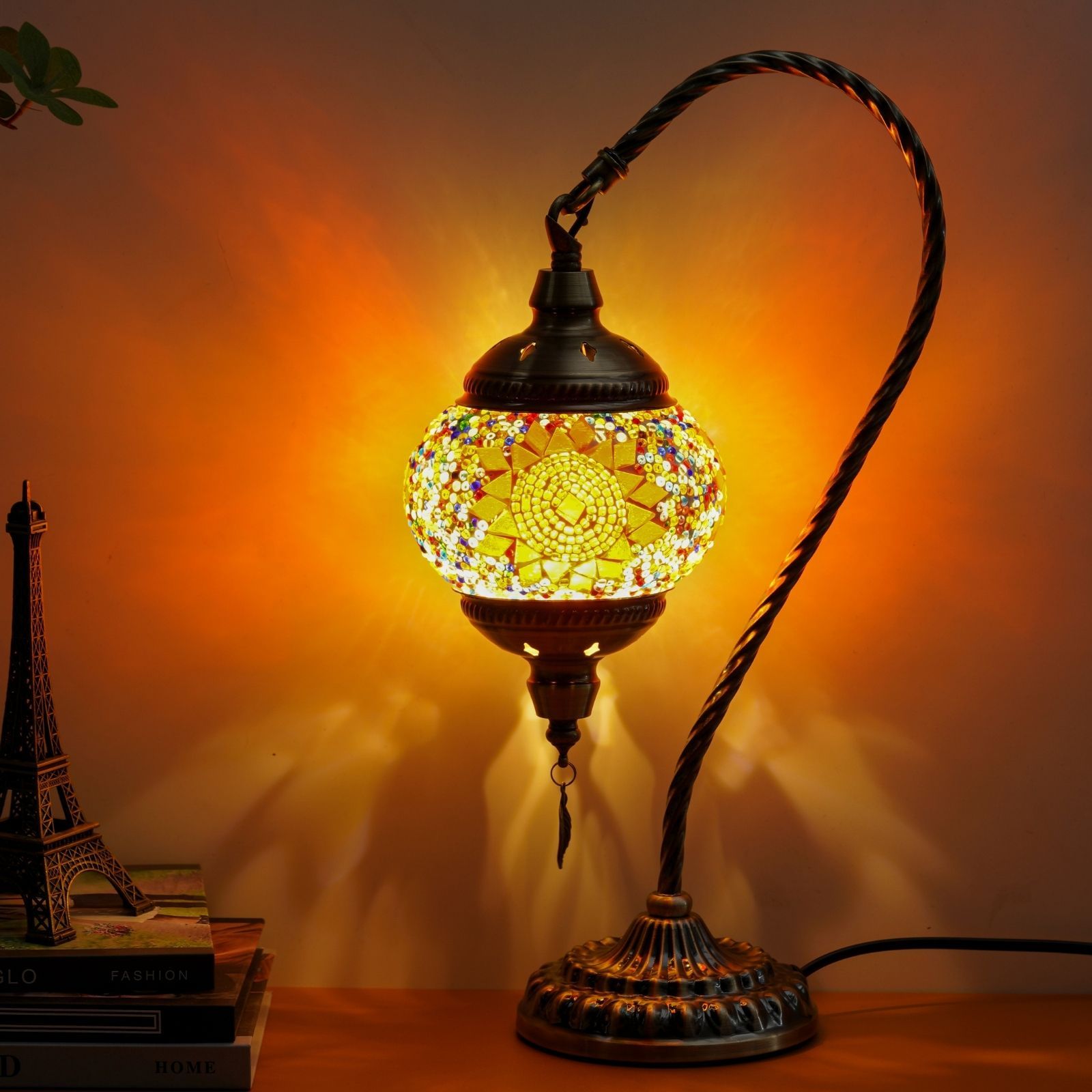 Turkish mosaic table lamp, Moroccan style metal base three-color handmade swan neck mosaic glass bedside lamp, suitable for bedroom and living room (bulb included)