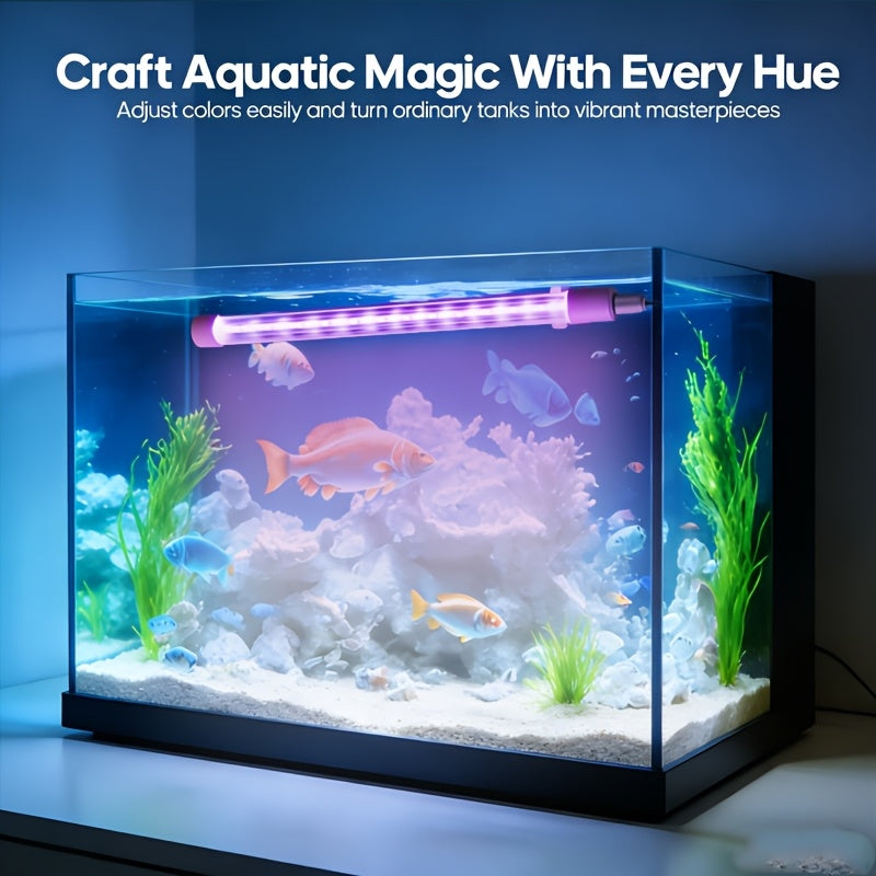 RGB multi-color aquarium submersible smart lighting fixture, multiple light colors, multiple lighting modes, aquarium lighting tube, fish growth light, timer adjustable colors, aquarium decorative lighting fixture, equipped with suction cup design