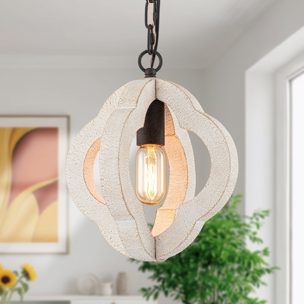 9.84-Inch Modern Farmhouse Style Wood Pendant Light, Distressed White Oak Finish with Adjustable Chain – Semi-Flush Mount Ceiling Hanging Fixture, Suitable for Kitchen Island, Dining Room, Entryway, Foyer