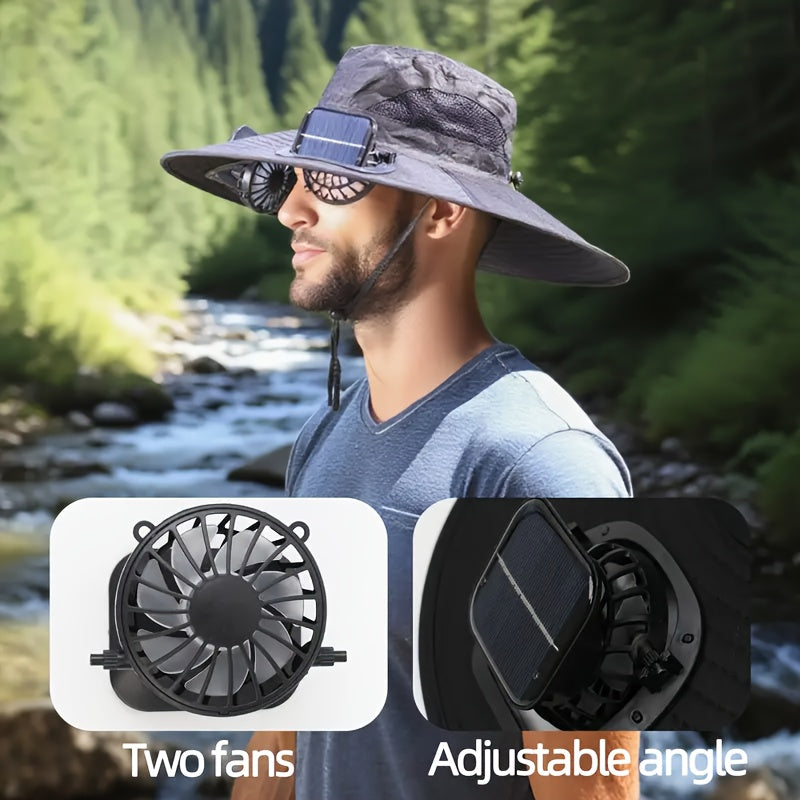 Solar Fan Hat, 800mAh Large Capacity Battery, 15cm Brim with Steel Wire Edging, UPF50+, Built-in 2 Pcs 180° Adjustable Fans, Solar & USB Dual Charging Support, Perfect for Beach, Camping, Fishing and Outdoor Activities