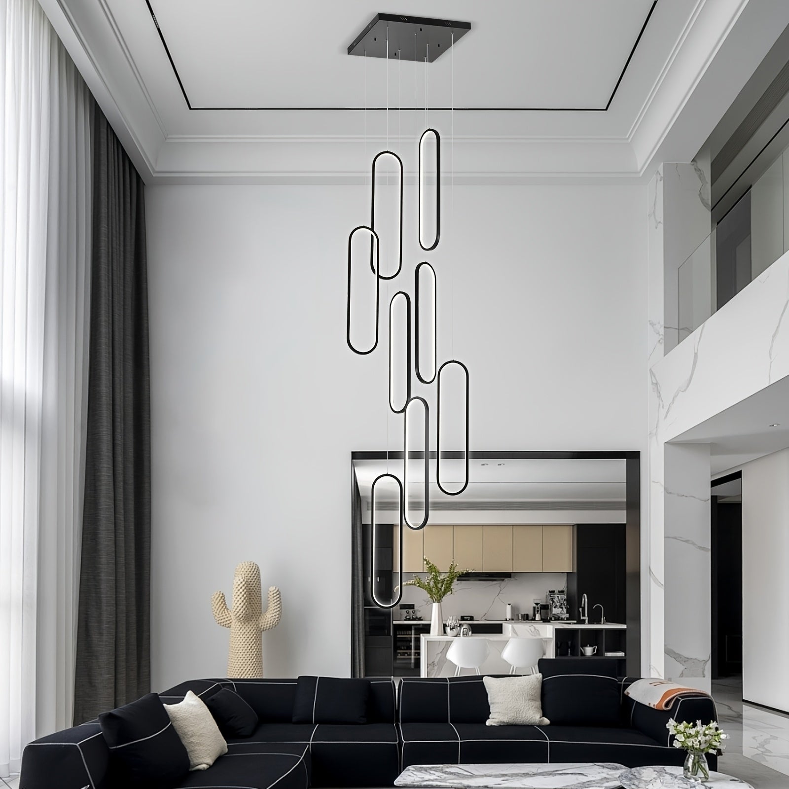 Ganeed modern LED high ceiling pendant light, with remote control - dimmable 8-light chandelier, 3000-6500K adjustable color temperature, polished metal surface, infrared sensor, semi-flush mount installation, suitable for entryway