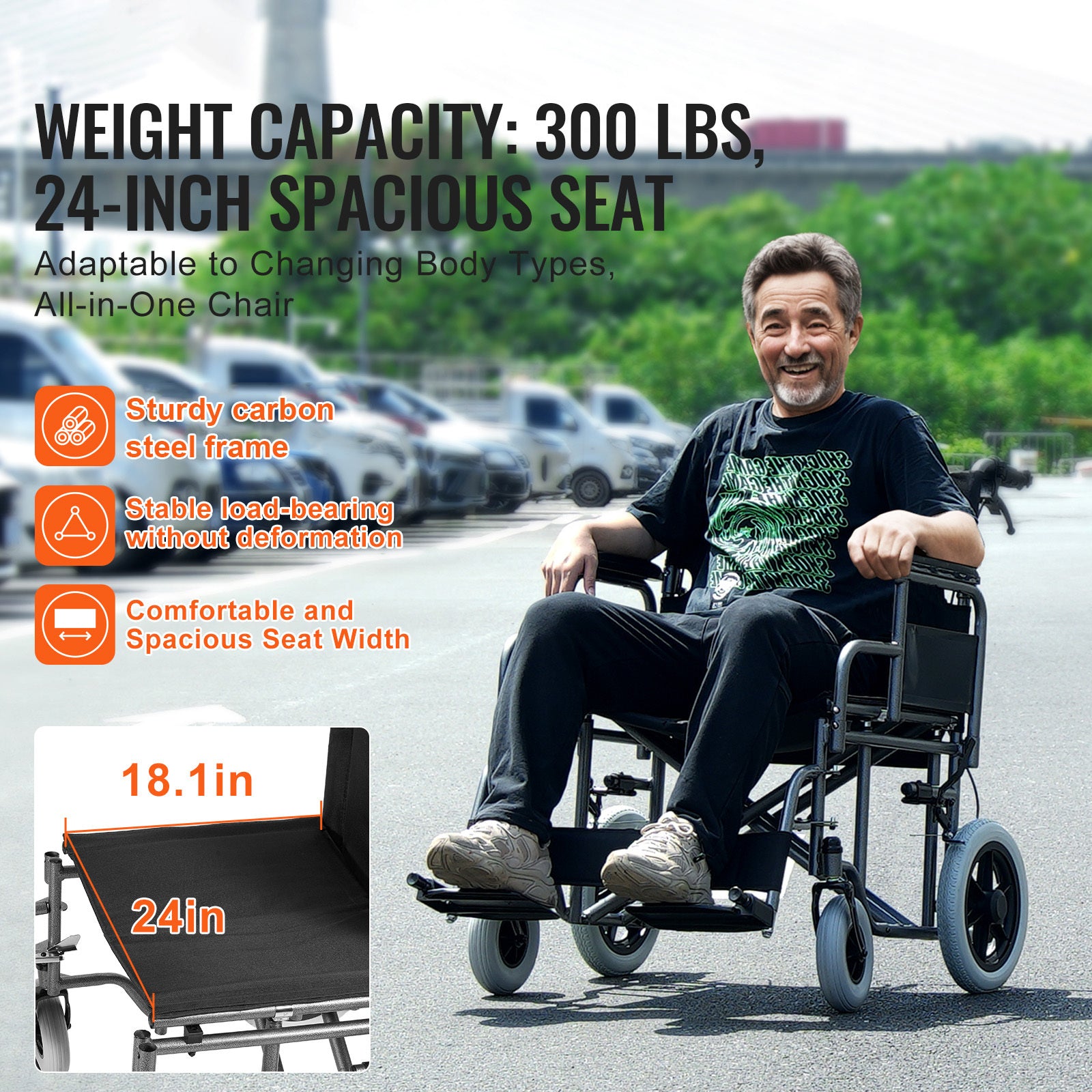 VEVOR 轮椅 铝合金/钢制 可折叠 转椅 15.75/18/24 英寸 座椅 220/300 磅