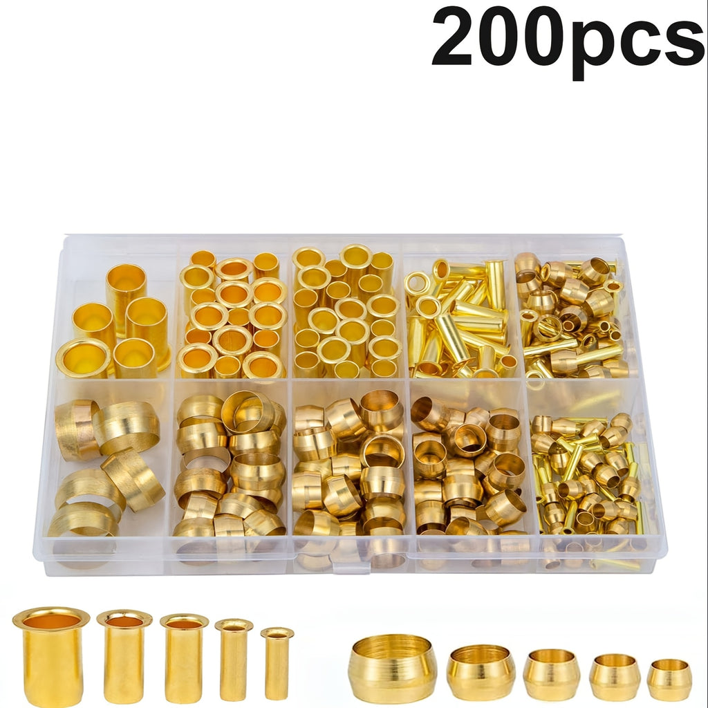 200件黄铜压接套筒套装 - 6种尺寸管外径1/8" 3/16" 1/4" 5/16" 3/8" 1/2" 压接配件组合套件，适用于连接空气、燃料、水、油