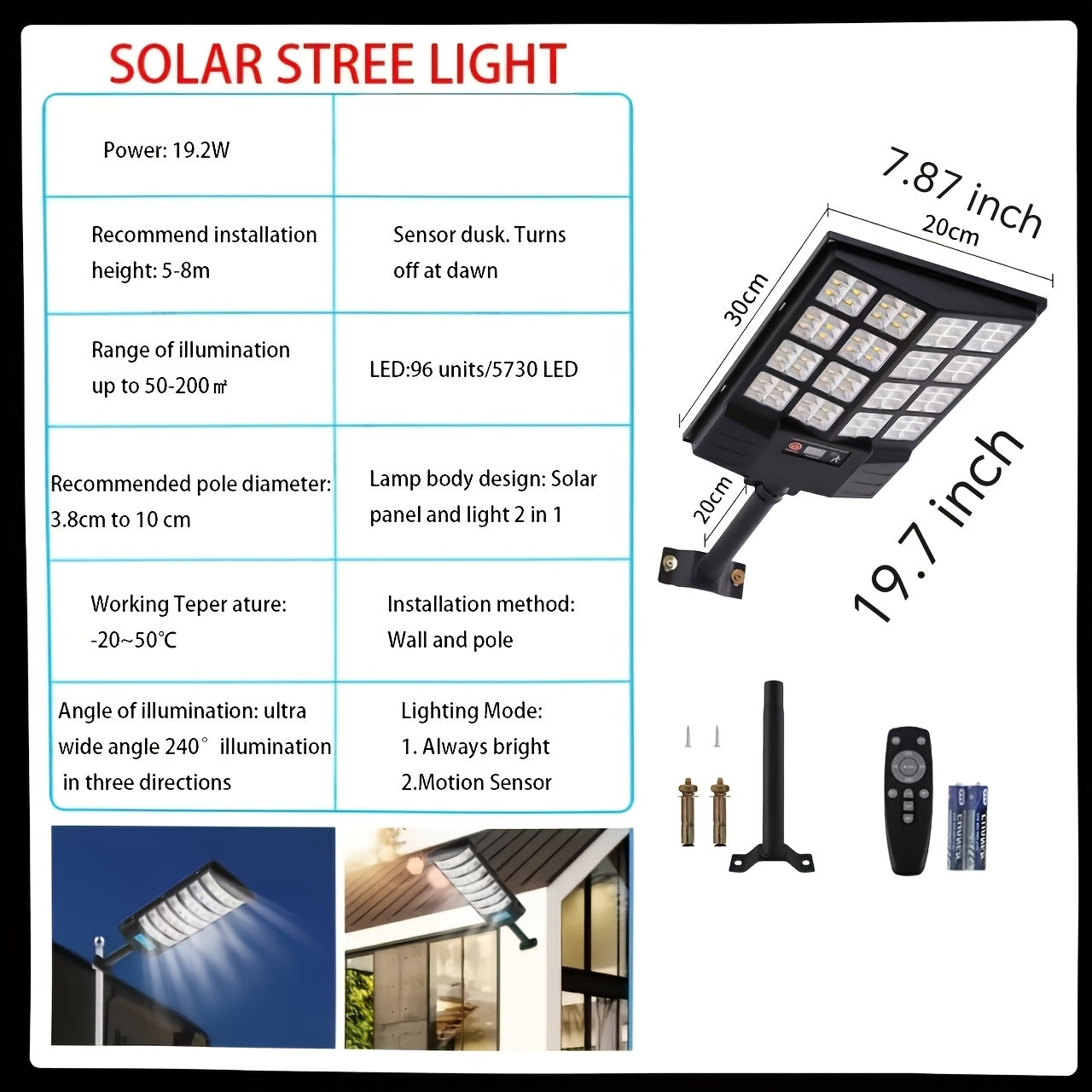 Solar Outdoor Street Light, Solar Floodlight with Motion Sensor and Remote Control, Solar Floodlight for Garden, Courtyard, Pathway, Parking Lot