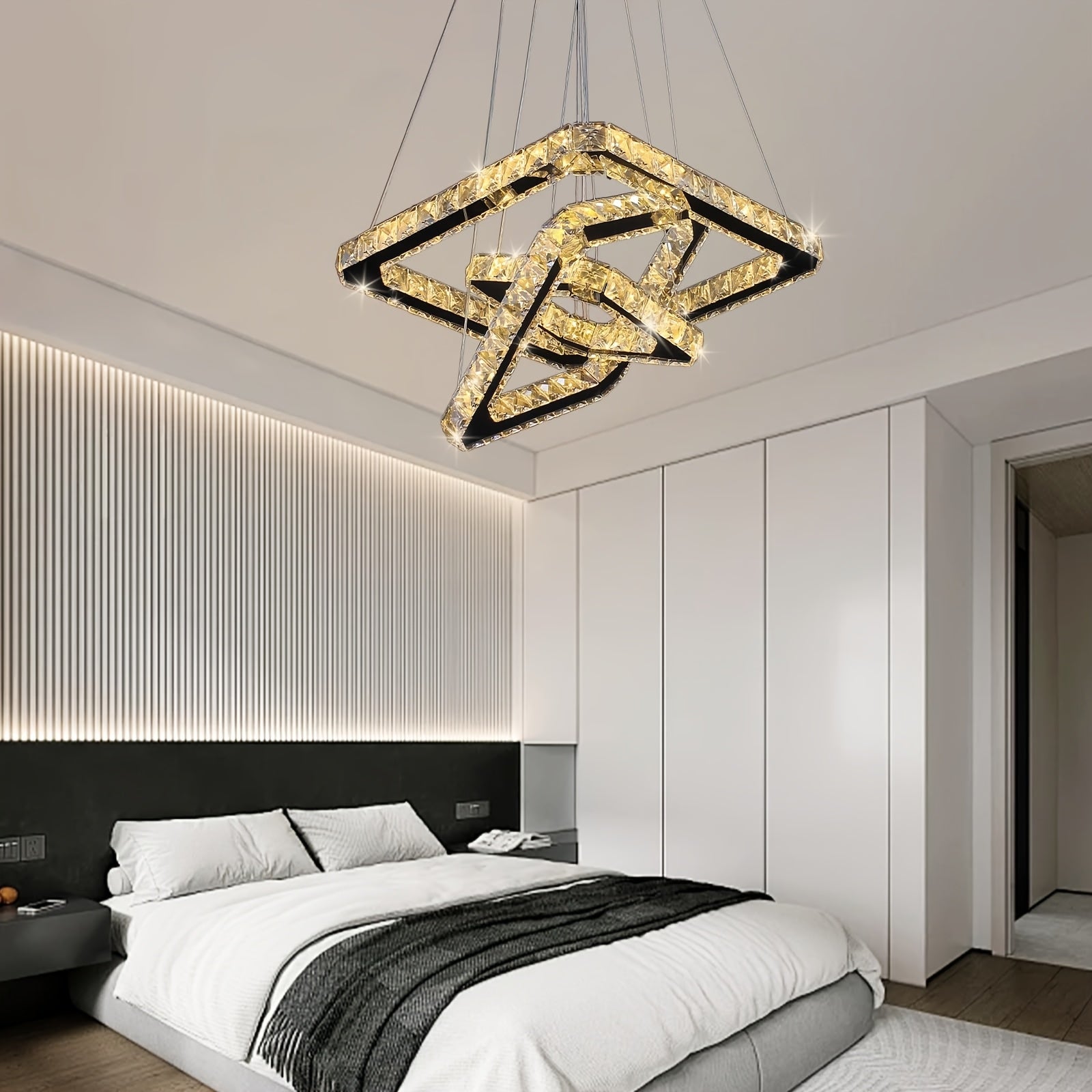 Elegant modern crystal chandelier, square design, three-ring structure, height adjustable, suitable for bedroom
