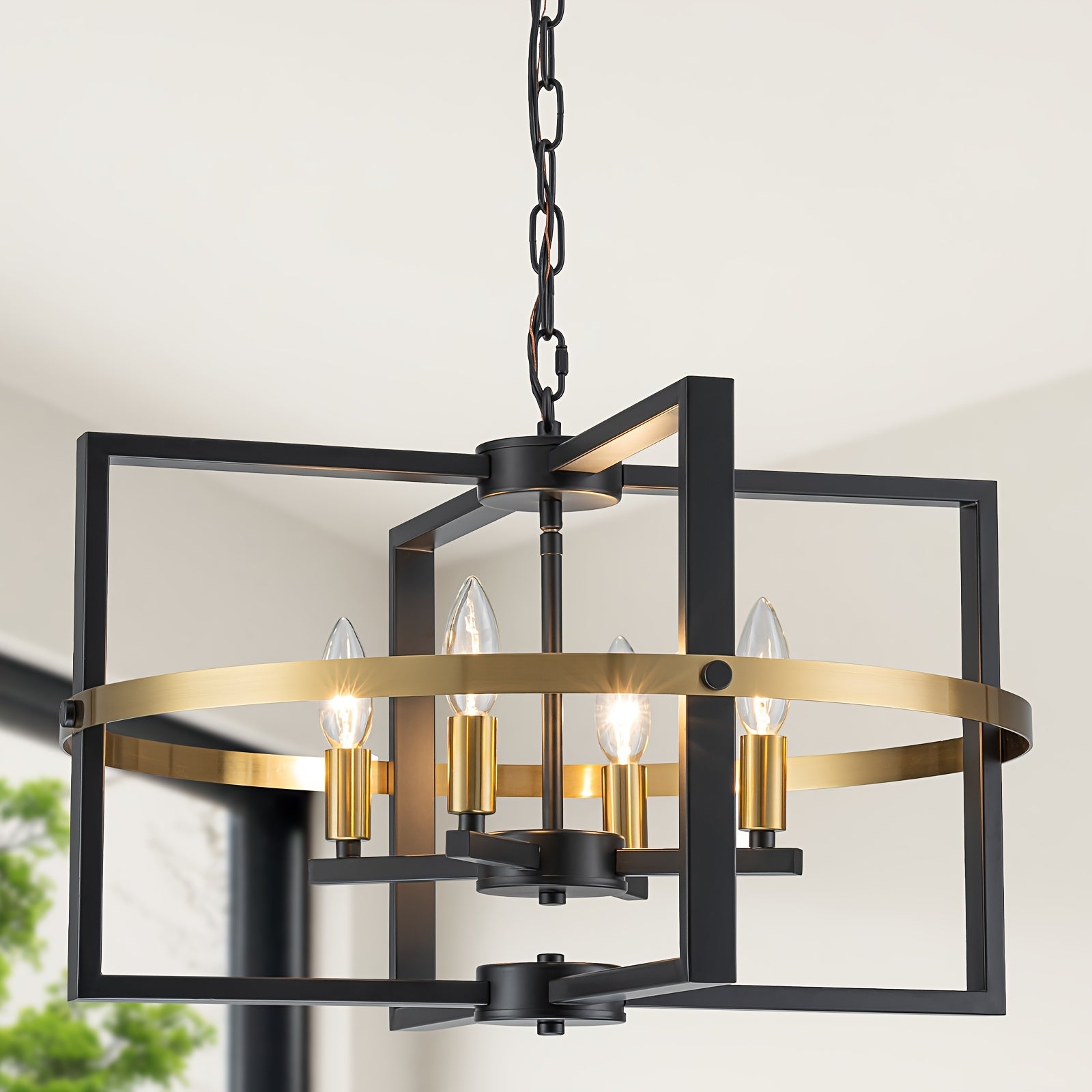 21.26-inch black gold modern farmhouse industrial pendant light - 4-light adjustable geometric design hanging lamp, polished metal + E12 bulb, suitable for kitchen island, dining room, front door entry, bedroom, dining room chandelier