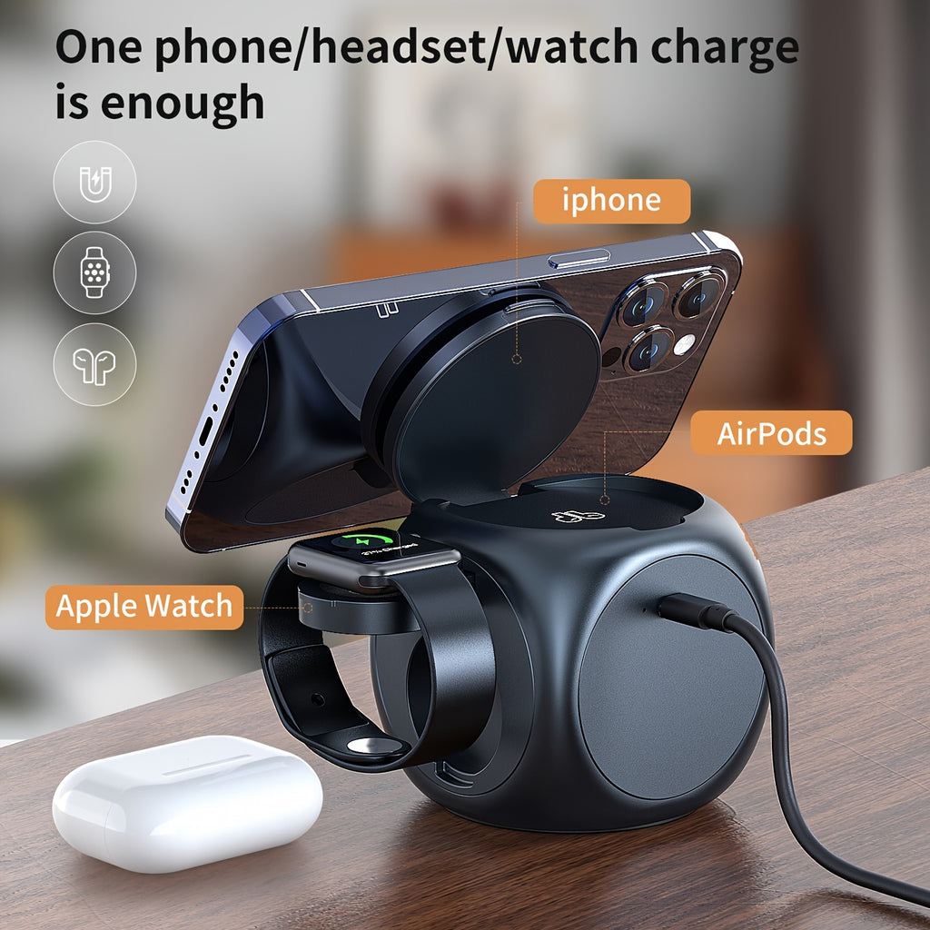 3-in-1 Magnetic Wireless Charging Station with 15W Fast Charging, All-in-One Charger for iPhone 15 14 13 12, for Samsung S24/S24/S22/S21, for Pixel, for Apple Watch & Smart Watch, for AirPods & Earbuds, Desktop Magnetic Charger