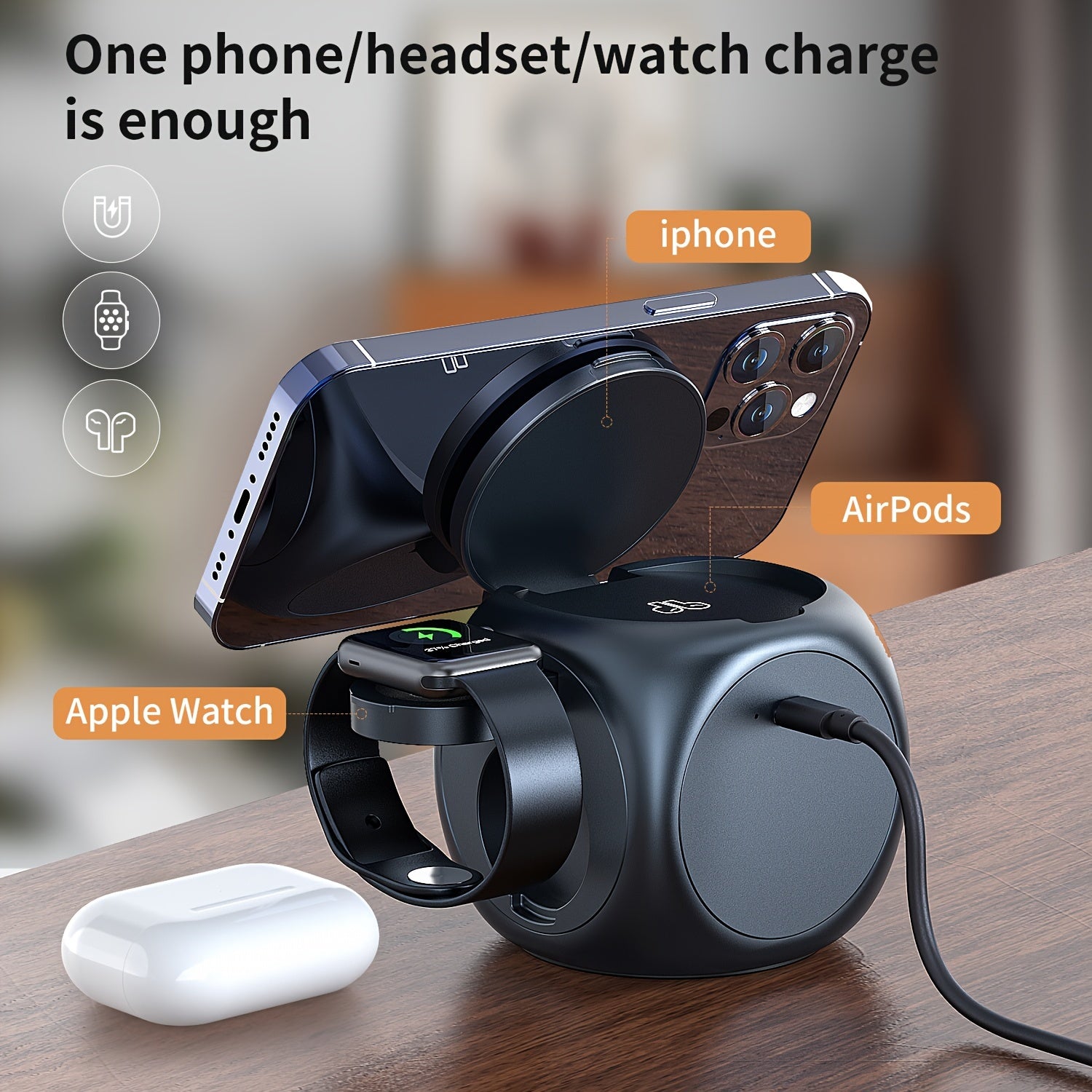 3-in-1 Magnetic Wireless Charging Station with 15W Fast Charging, All-in-One Charger for iPhone 15 14 13 12, for Samsung S24/S24/S22/S21, for Pixel, for Apple Watch & Smart Watch, for AirPods & Earbuds, Desktop Magnetic Charger