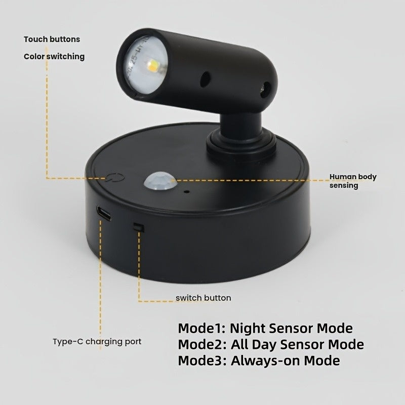 1-Piece, 3-Color Temperature Magnetic Wireless Sensor LED Spotlight/Wall Light: USB Rechargeable, Adjustable Warm/Cool/Neutral Light, 350° Rotatable, Suitable for Hallway, Art Display and Plant Lighting