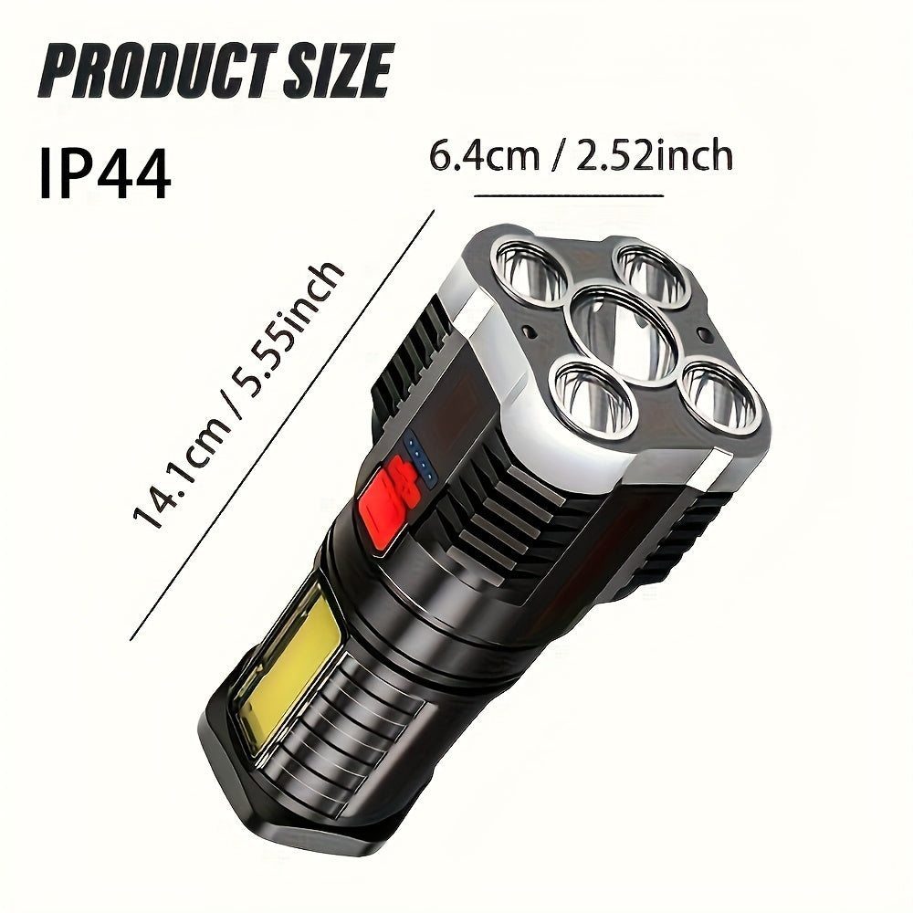 1PC 5LED High-Power Tactical Handheld Flashlight, Rechargeable Camping Light with COB Side Light & 4 Lighting Modes, Ideal for Camping, Exploration, Hiking, Outdoor Activities & Home Emergency Use