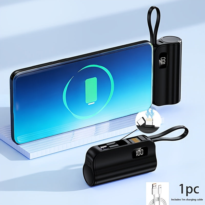 2026新款三合一迷你行動電源 5000mAh 充電寶，內建 USB-C 及 iPhone 雙充插頭，LCD 顯示螢幕電量，手機支架，附 USB 充電線
