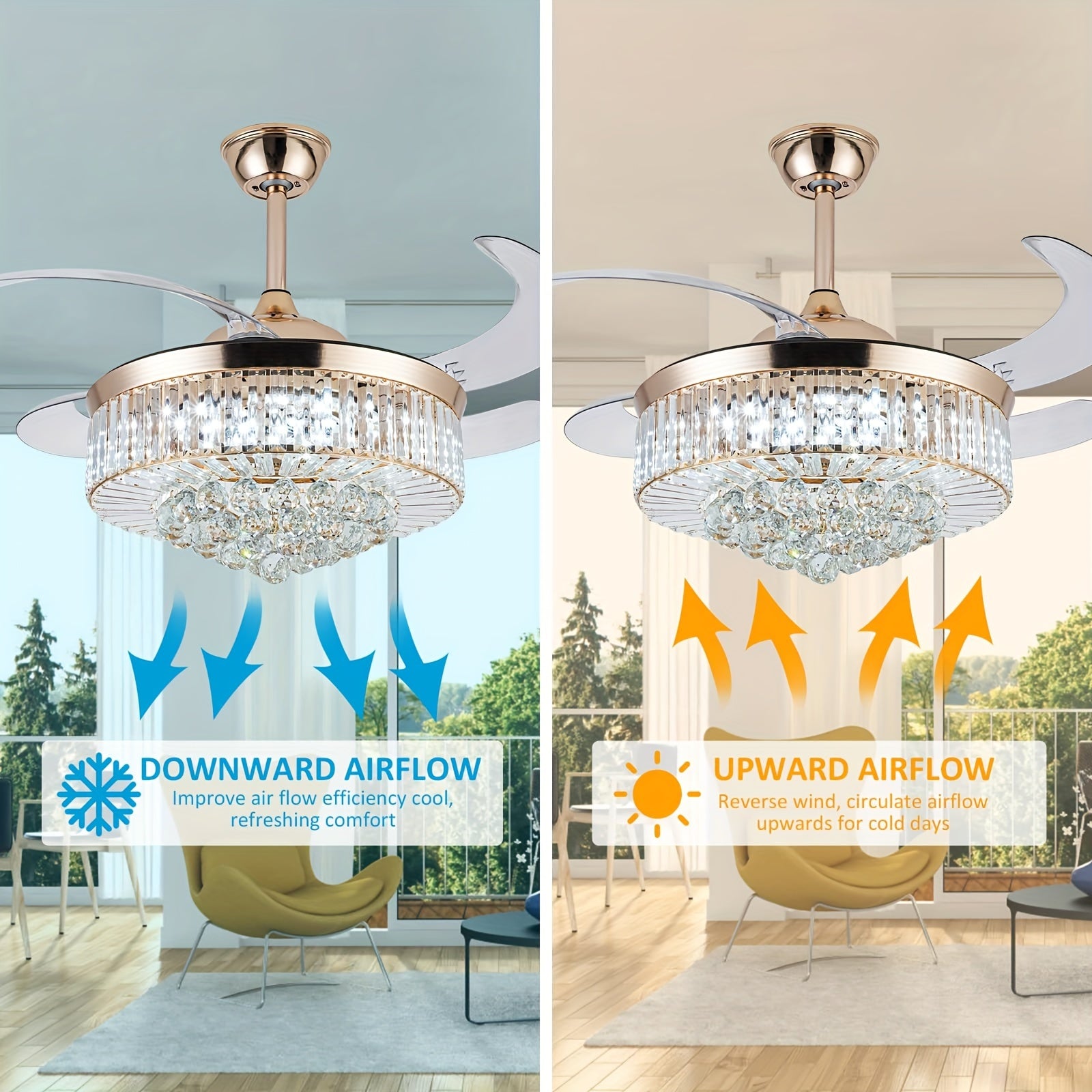 42 Inch Reversible Crystal Ceiling Fan with Light, Stepless Dimmable Modern Retractable Invisible Blades, 6 Speed Levels, Ceiling Fan Set for Living Room Bedroom (Gold)