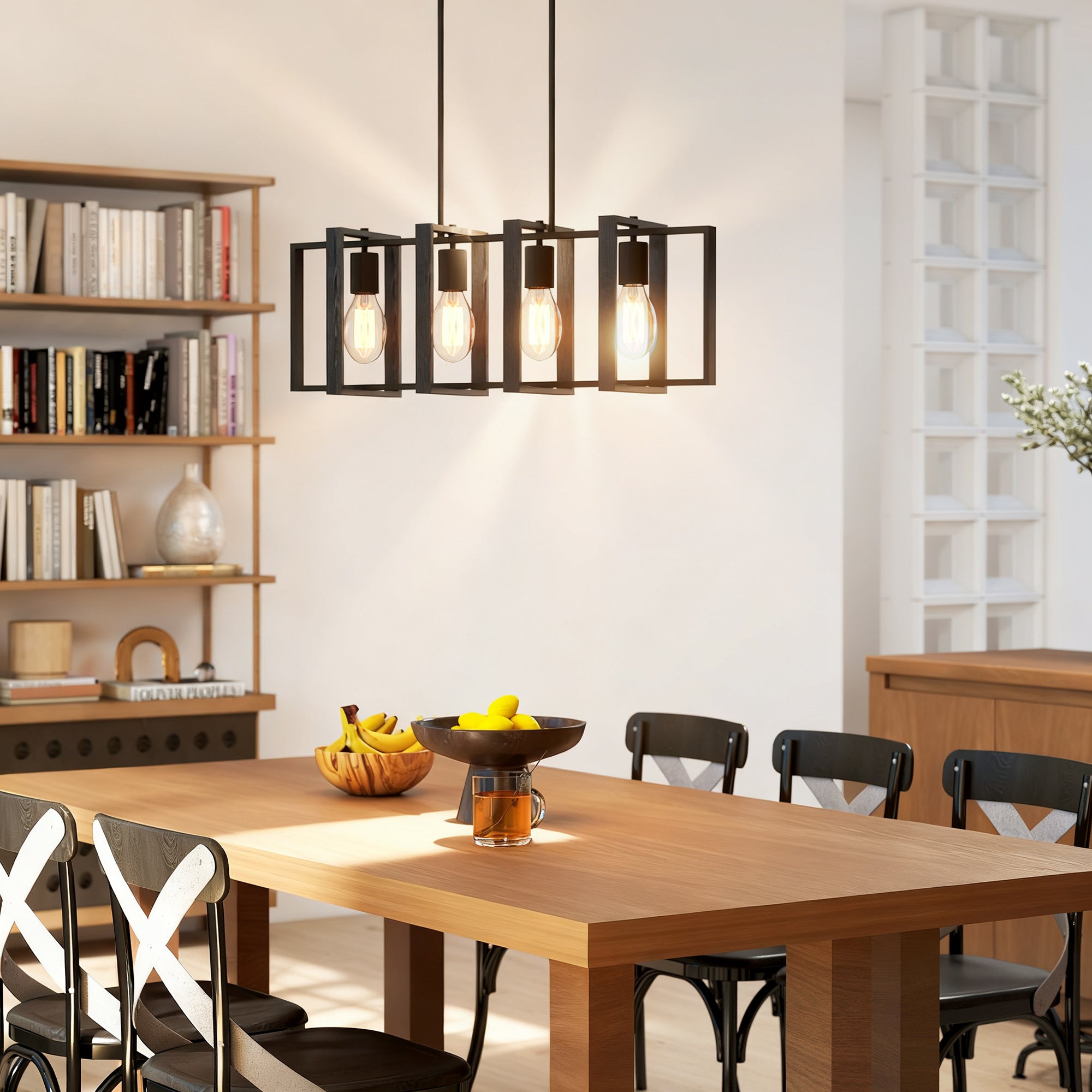 HOMCOM 31.5-inch pendant light, farmhouse style kitchen island lighting fixture, equipped with 4 rotatable lamp arms and adjustable height, suitable for living room, dining room, hallway, E26 base, black
