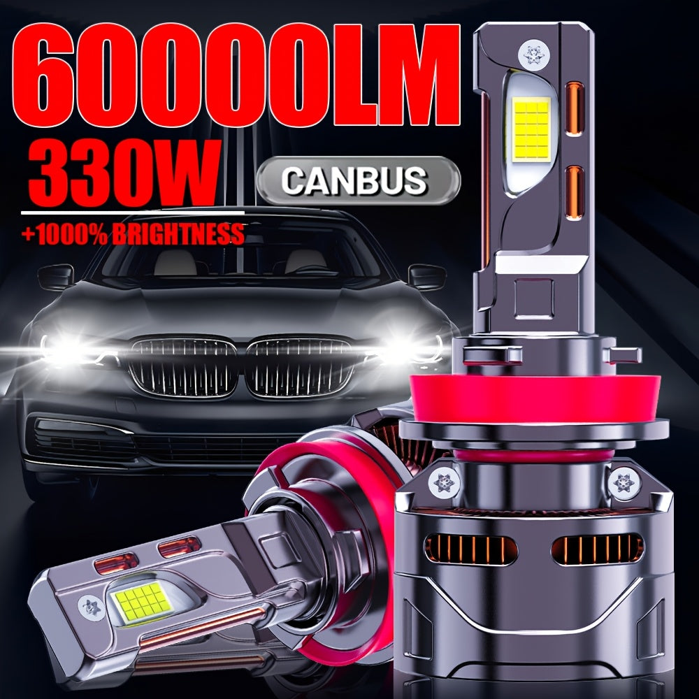 2个装 汽车LED大灯 H1, H4, 9003, HB2, H7, H18, H11, H9, H8 | 1000%更亮，330W大功率灯泡，60,000 LM，带外置CANbus驱动器，不含电池，持久高速