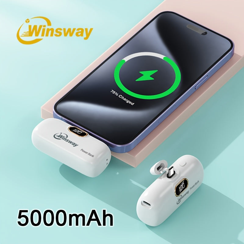 Winsway 5000mAh Super Mini Type-C Power Bank, Digital Display Of Power Value, Lipstick Size, Easy to Carry, Metal Interface Extended to Prevent Shaking And Disconnection, for Phone 16/16 Plus/15 Pro/15 Pro Max/Pad Pro/Android Mobile Phones