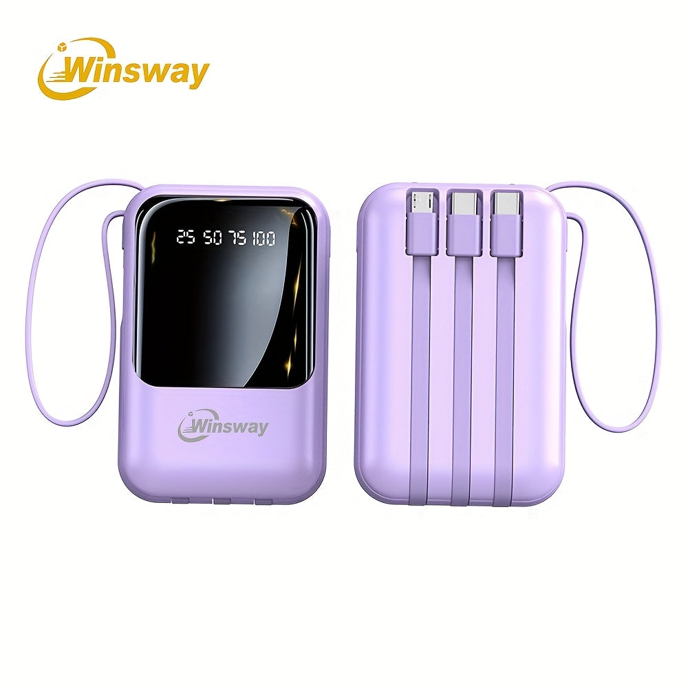 Winsway 10000mAh 可攜式掛繩行動電源，具備大容量和快速充電功能。內建 4 條充電線，可同時為 4 個行動裝置充電。LED 顯示螢幕清晰方便。旅行聖誕禮物的必備單品
