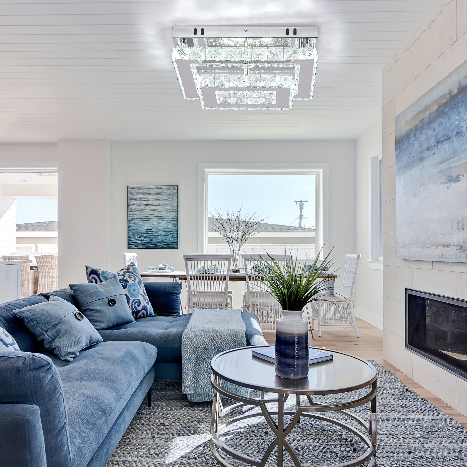 LED Crystal Ceiling Light Modern Rectangular Recessed Pendant Light K9 Stainless Steel Ceiling Light Suitable for Living Room Bedroom Dining Room (Cool White Light)