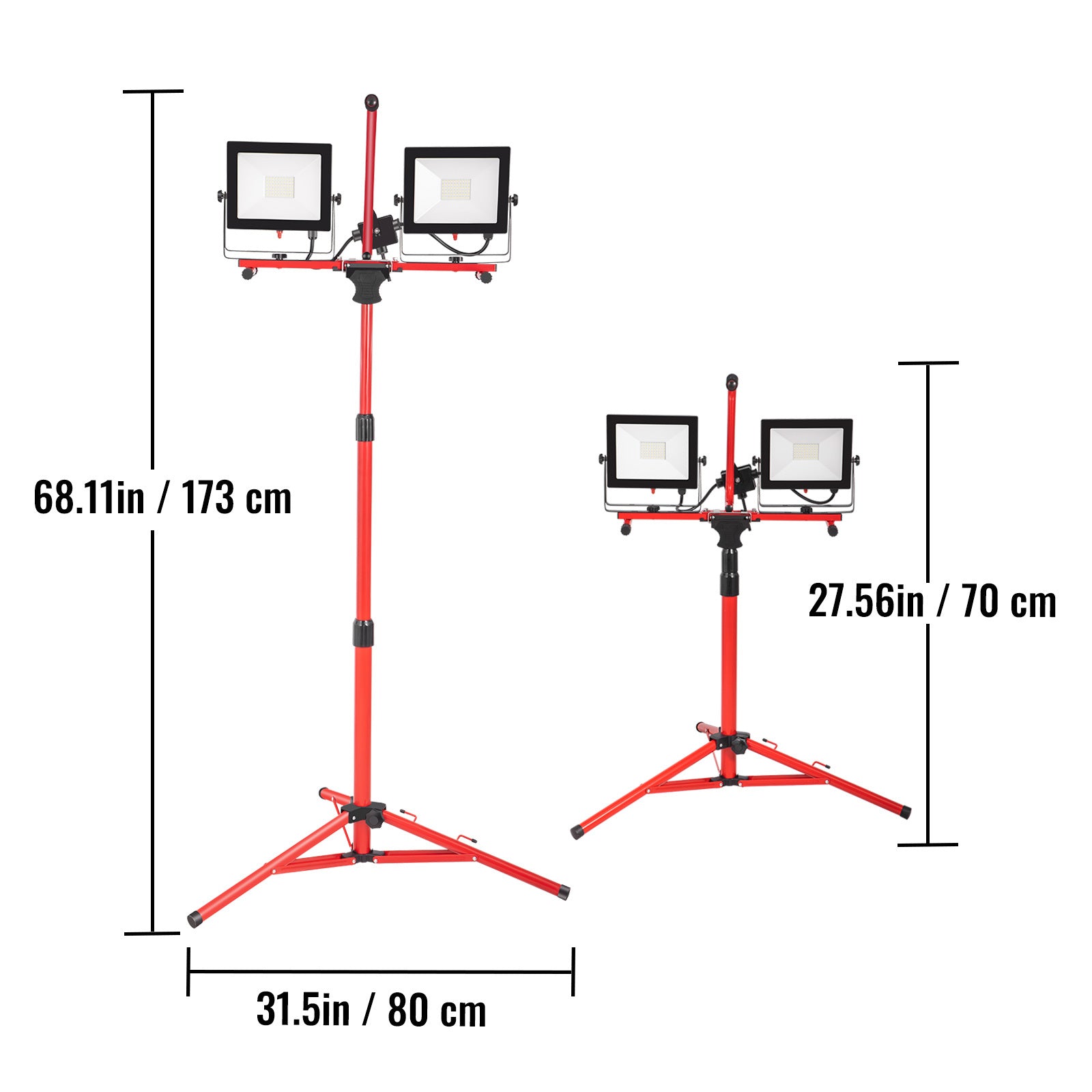 VEVOR LED work light with stand, 1/2 pieces, 5000lm/10000/20000 lumens dual-head LED work light, 27.6“-68.1” adjustable foldable tripod, IP65 waterproof LED tripod work light, 5000 Kelvin color temperature