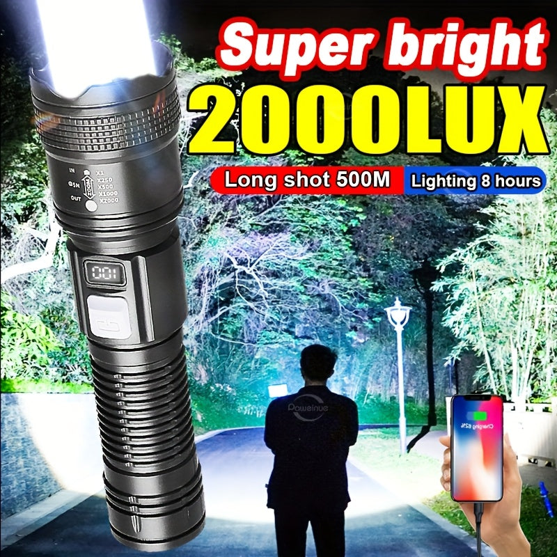 2000LM Ultra-Bright Portable Flashlight, High-Power Rechargeable LED Flashlight with Built-in Battery, Super Strong Handheld Flashlight, Long-Distance Zoomable Focus, Safety Lighting