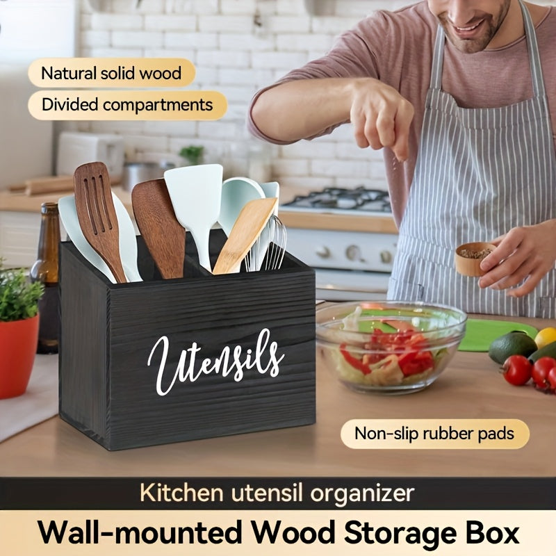 3 Compartment Rustic Wooden Kitchen Utensil Rack, Countertop & Wall Mount Kitchen Storage Organizer, Kitchen Accessories Holder for Fork Spoon Cooking Tools, Multifunctional Kitchen Organizer