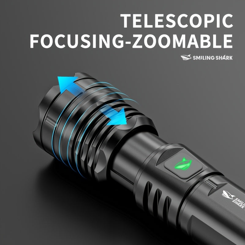 1Pc/2Pcs/3Pcs SMILING SHARK Rechargeable Flashlight, Super Bright Handheld Light, LED Torch, Zoomable High-Light Flashlight, Telescopic Design, Ultra-Long Battery Life, 5 Lighting Modes, Ideal for Home Emergency Hiking Travel SD5404