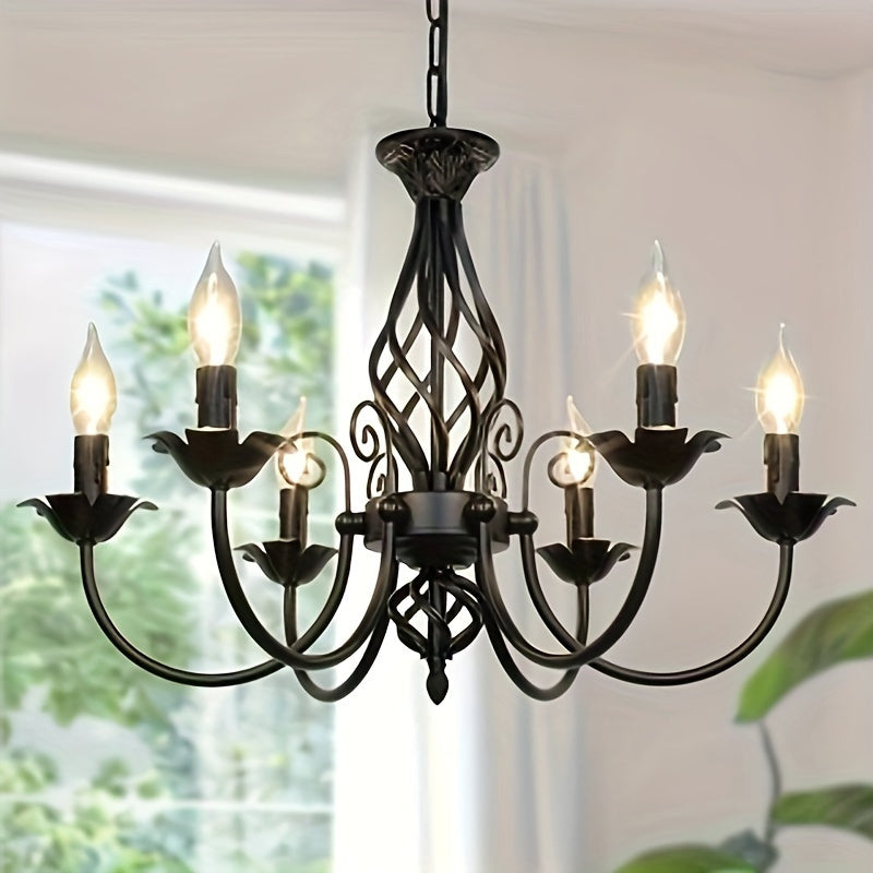 Farmhouse Candle Chandelier Ceiling Light, Rustic Industrial Pendant Ceiling Fixture, Vintage Chandelier for Bedroom, Hallway, Kitchen, Dining Room, Bar, Foyer, Matte Black E14 Bulb Base (Bulb Not Included)