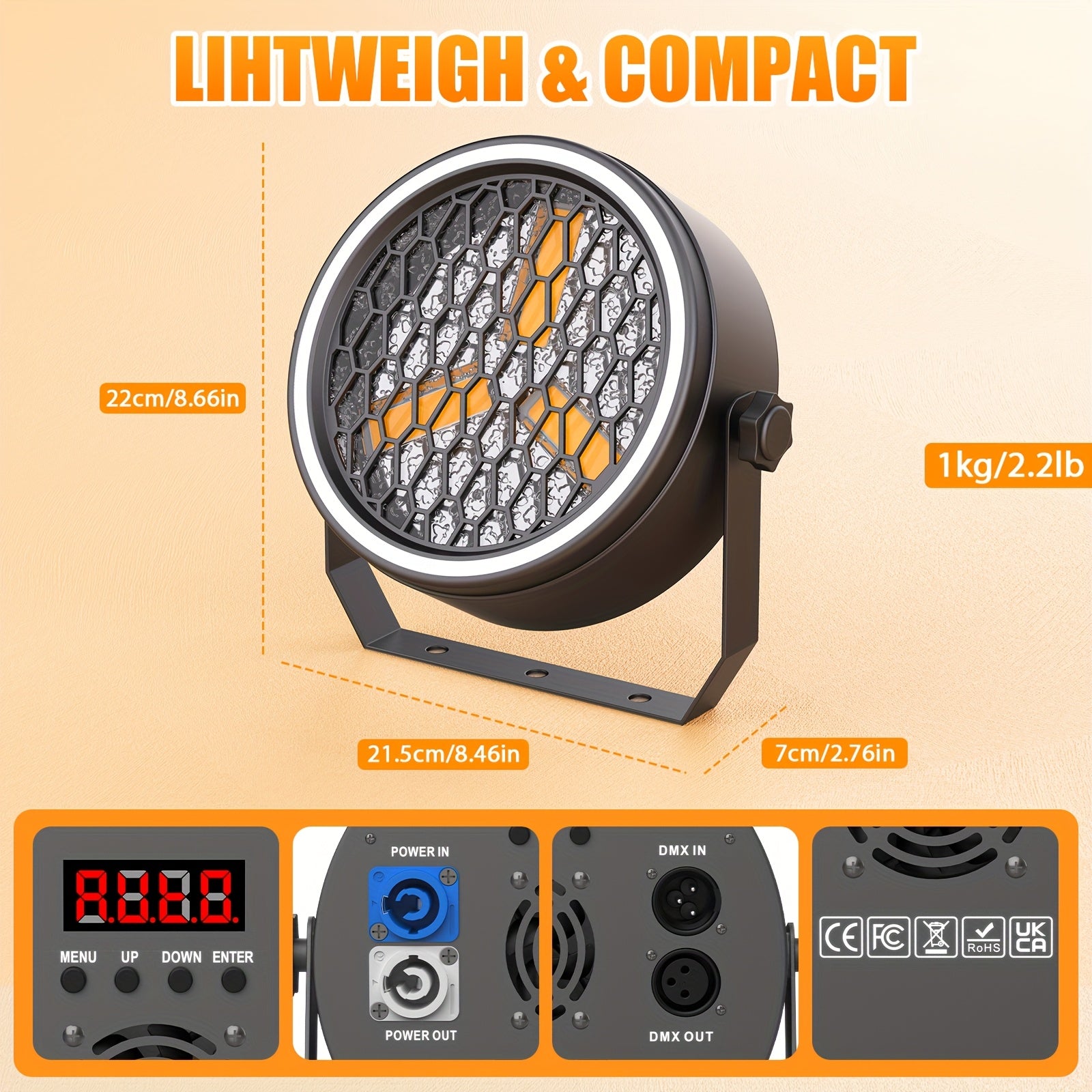 180W stage par light COB stage spotlight, backlight gold ultra-bright LED par light with light strip, DMX512 control, sound-activated retro upward lighting, suitable for events, clubs, weddings, theaters, churches, dance lighting
