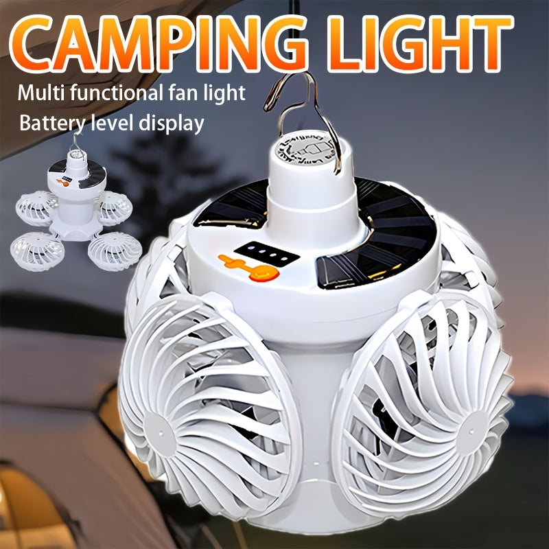 Solar Rechargeable Camping Light with Fan Function, Portable Foldable Flashlight, Hook Design, 3 Lighting Modes, Emergency Light for Night Fishing, Camping and Travel