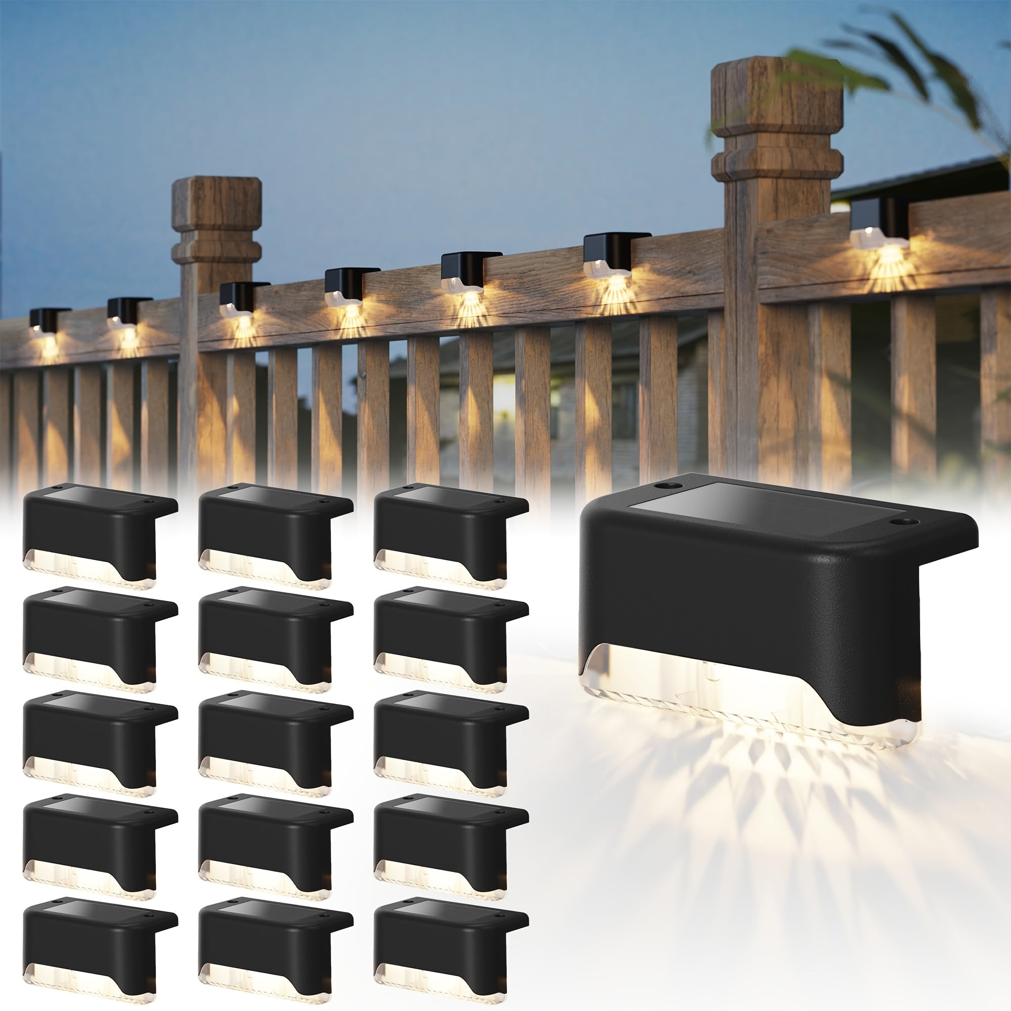 16 Pack Solar LED Outdoor Deck Light - Black Modern Design with Solar Panel, IP44 Waterproof, Suitable for Stairs, Fences, Patios and Walkways - Outdoor Lighting for Gardens and Sidewalks | Decorative Path Light | Christmas Holiday