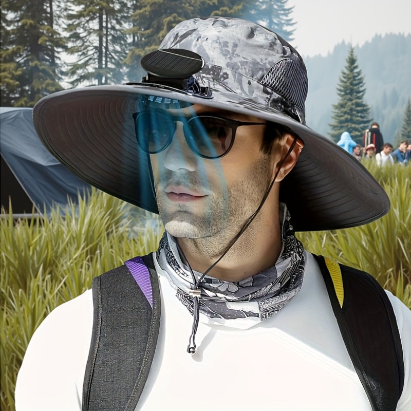 Unisex Solar Fan Boonie Hat, Reinforced Steel Wire Brim, 3-Speed Solar Fan with USB Charging, Breathable Cooling Design, Extra Wide Brim for Full Protection, Ideal for Hiking, Travel, Gardening and Outdoor Activities