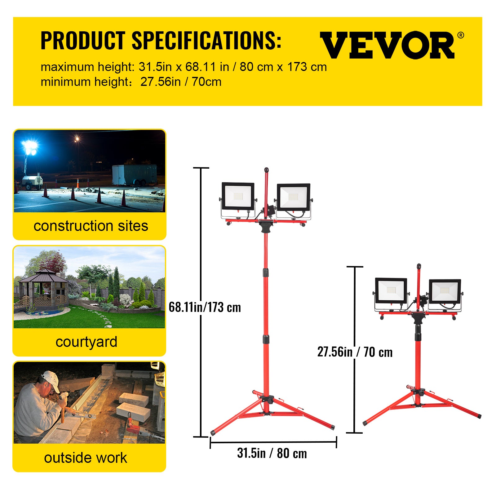 VEVOR LED work light with stand, 1/2 pieces, 5000lm/10000/20000 lumens dual-head LED work light, 27.6“-68.1” adjustable foldable tripod, IP65 waterproof LED tripod work light, 5000 Kelvin color temperature