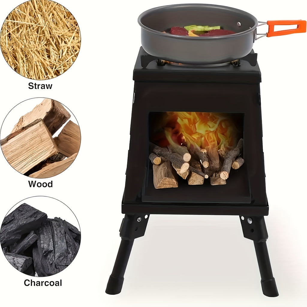 [Christmas Outdoor Ambience Heater] Black Steel Multi-Fuel Camping Stove – Efficient Heat Transfer + Portable Design – Serves as Both Heater & Decorative Piece. Black Steel Body Fits Christmas Warm-Toned Decor