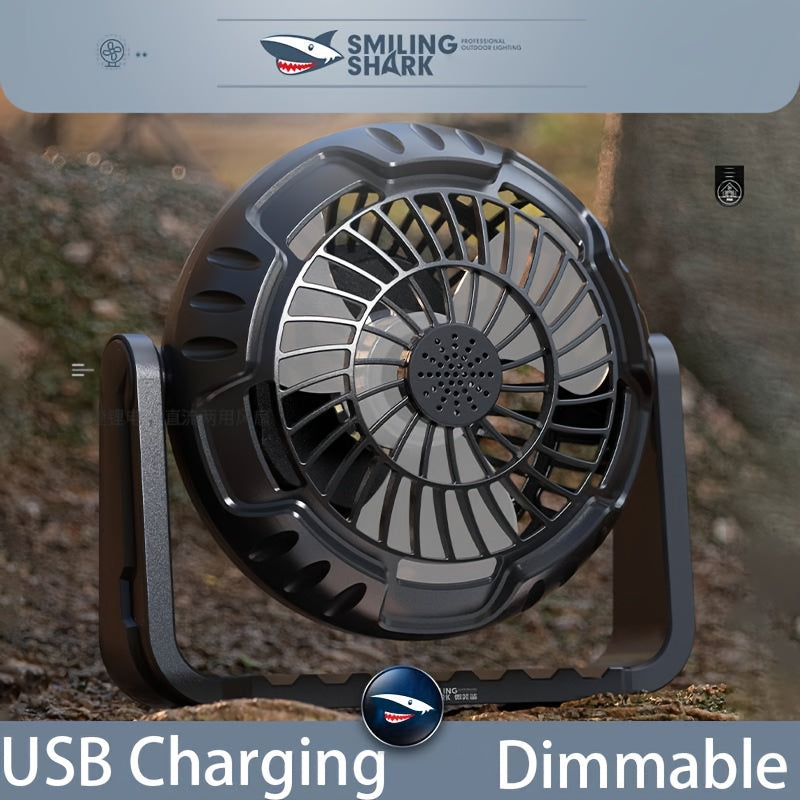 Smile Shark Camping Fan Rechargeable Portable Fan with Light, 360° Adjustable Bracket High Speed Desktop Fan, Essential for Camping Tent Travel Car Outdoor Indoor Barbecue Fishing Construction Site