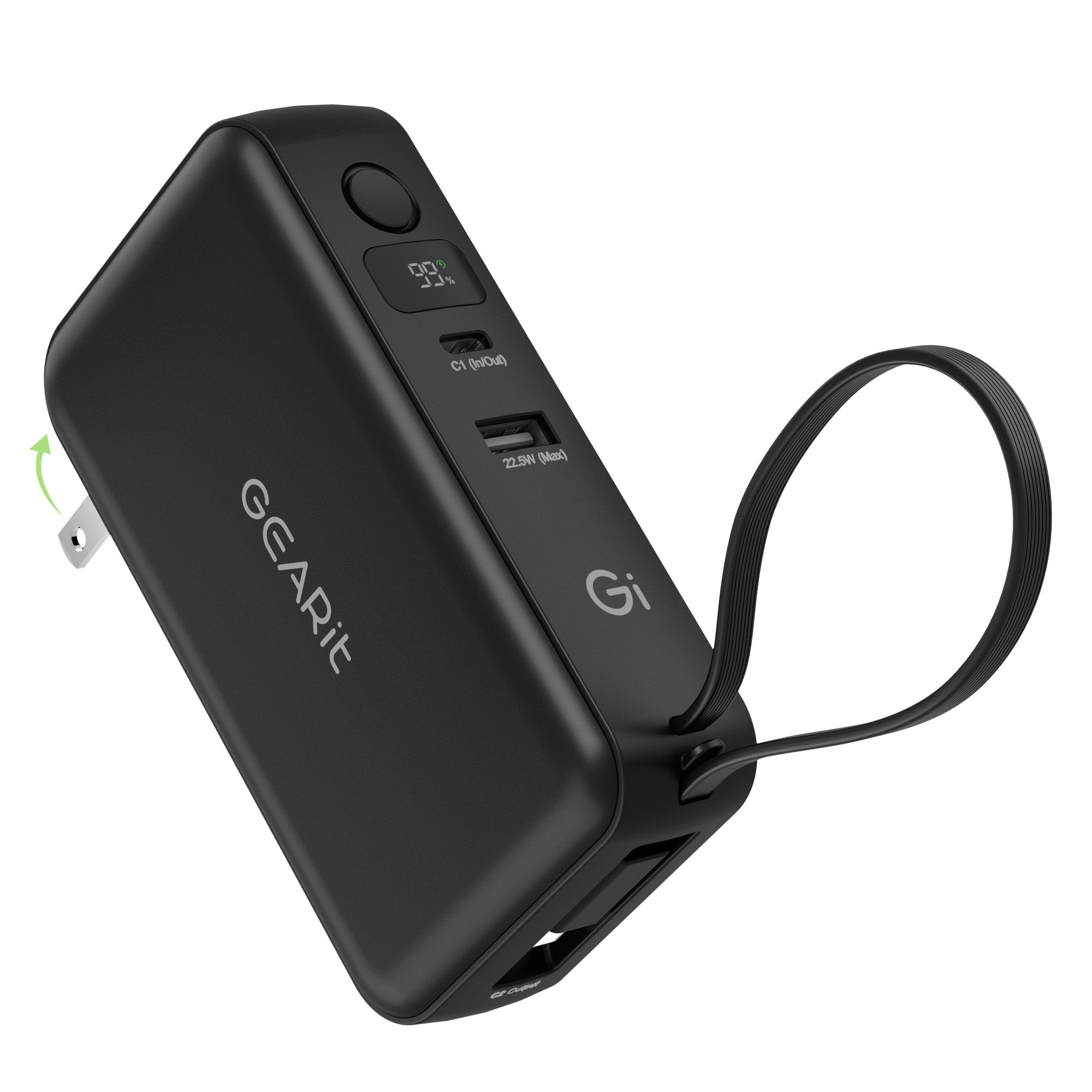 GEARit 三合一65W氮化鎵充電器，內建USB-C線10000毫安時移動電源