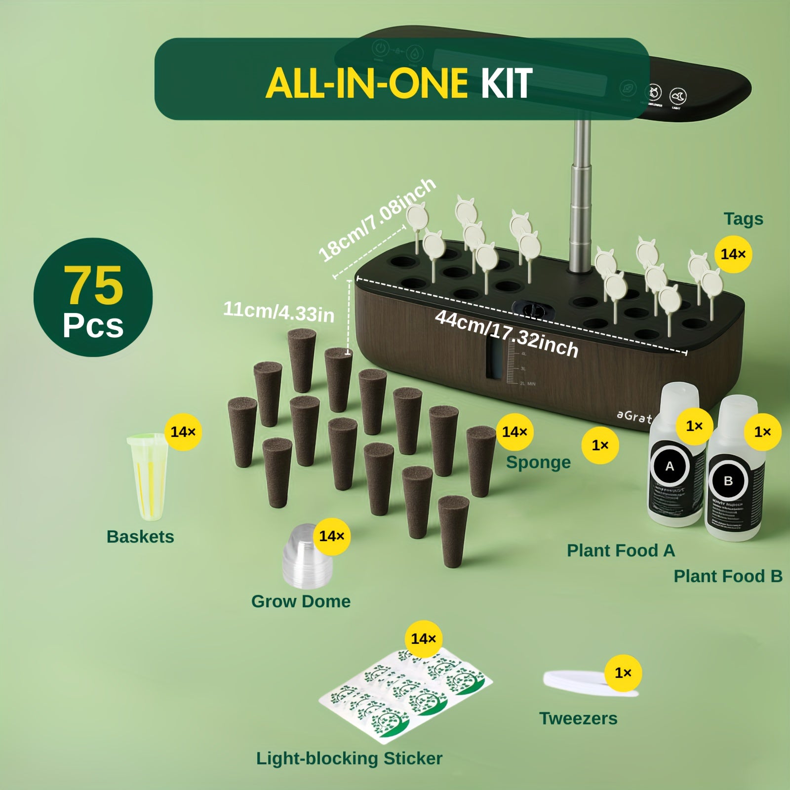 75Pcs Hydroponic Gardening Kit with LED Grow Light, 14 Plants 1.32Gallon/5L Water Tank Quiet Pump, 3 Smart Light Modes & Timer, for Herbs Vegetables Flowers, Perfect Gardening Gift