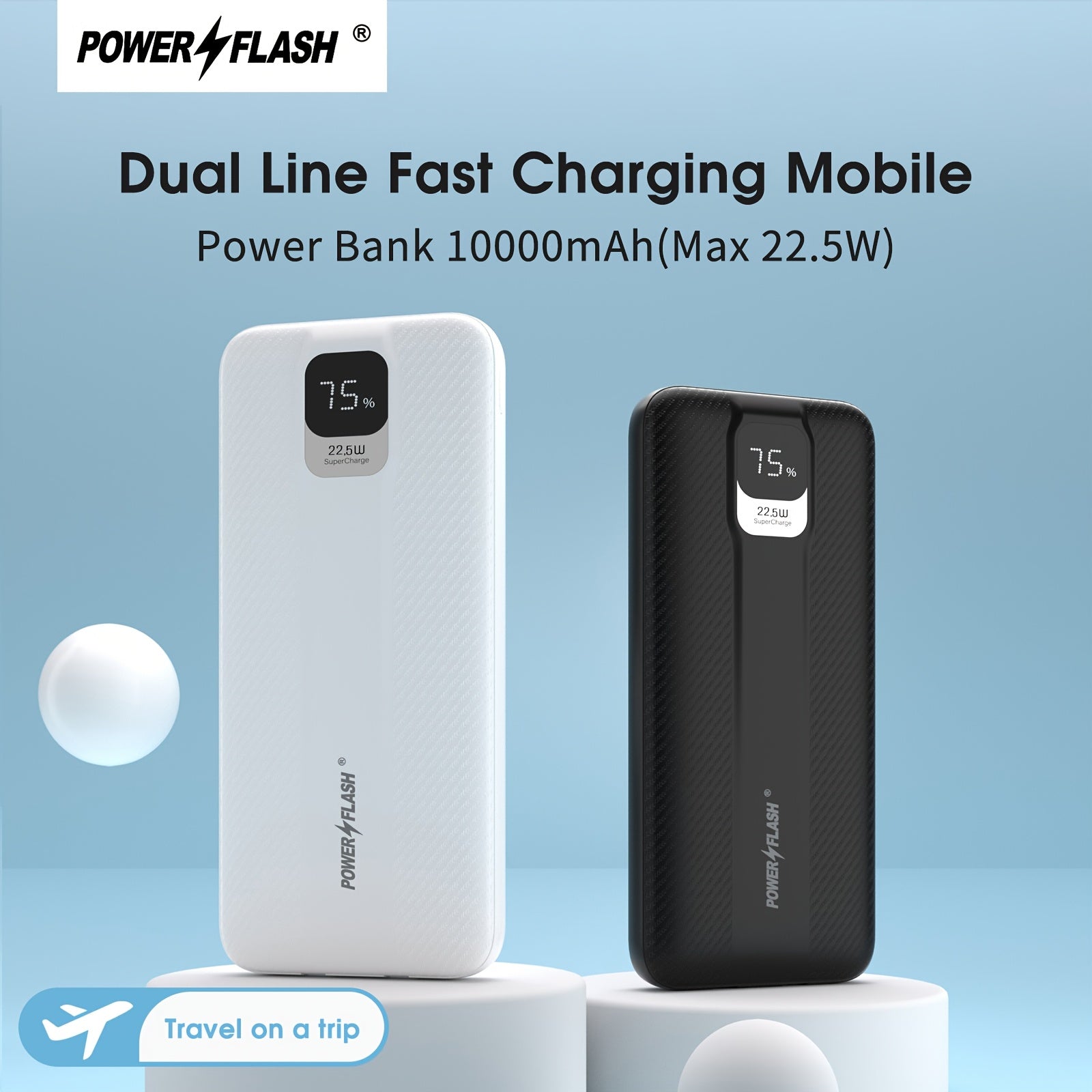 PowerFlash 10000mAh Black Or White Dual Line Fast Charging Mobile Power Bank, 22.5W/PD20W Type-C&USB Fast Charging, with LED Power Display, Suitable for iPhone/Android Phones, Outdoor Camping & Hiking And Household Use