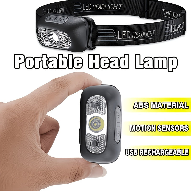 1Pc Rechargeable Fishing Headlamp, Adjustable Angle, Motion Sensor Hands-Free Flashlight, Portable Head Light for Camping, Reading, Running and Barbecue