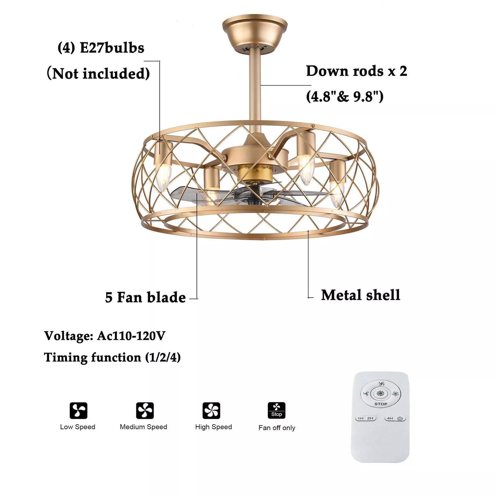 Rustic Industrial Metal Cage Ceiling Fan Light, Multifunctional Pendant Lamp for Home Kitchen Dining Room