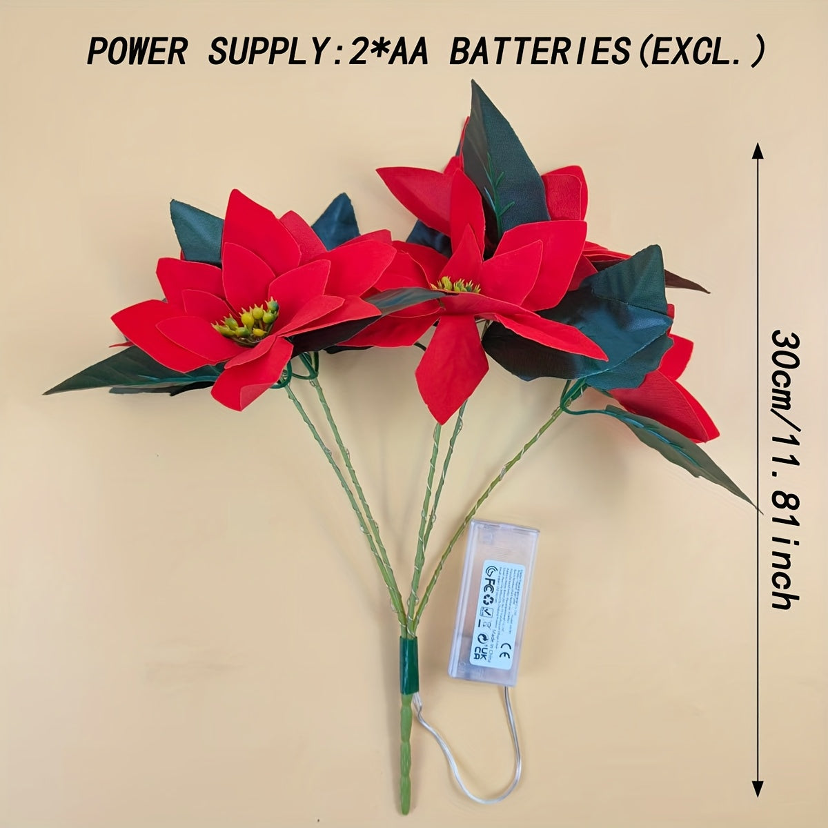1PC LED 5朵可以点亮红色人造植物圣诞红星花灯串-塑料圣诞节仿真花卉装饰插花灯，适用于家庭，派个，圣诞节，圣诞快乐，情人节，新年，斋月节，复活节，节日派个氛围装饰灯
