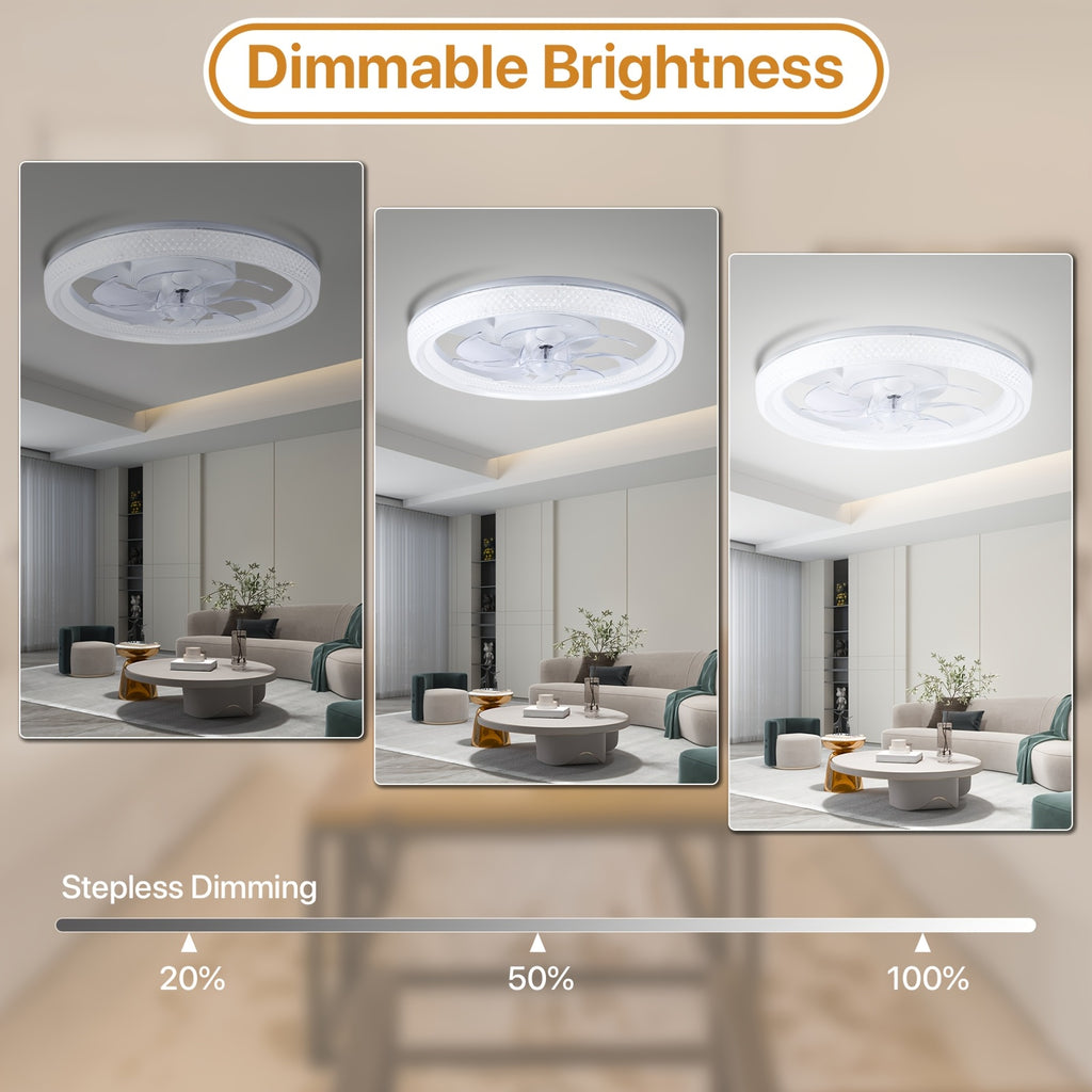 Remote Control Ceiling Fan with Light, 20 Inch Flush Mount Bladeless Ceiling Fan, 3000K-6500K Stepless Dimmable LED Light, 6 Wind Speed Levels, Modern Style Fan Light, for Bedroom, Kitchen, Living Room