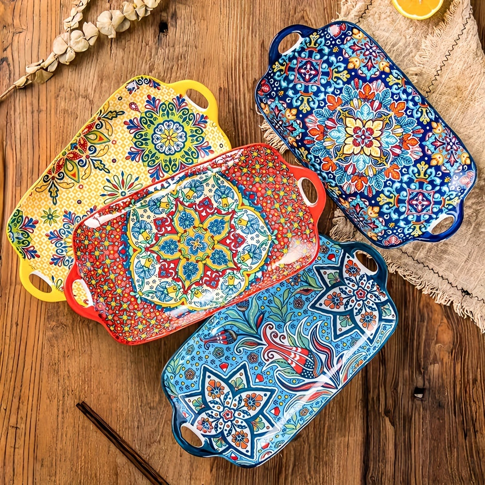 1 Piece Ceramic Bohemian Style 12.8-Inch Fish Plate with Double Handles – Kitchen Serving Platter – Rectangular Baking Dish Safe for Microwave & Oven
