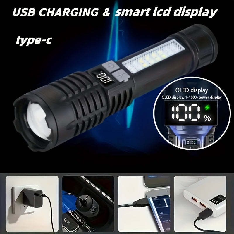 Rechargeable High Lumen Super Bright Flashlight, 5 Modes Zoomable with LCD Digital Display, Powerful Handheld LED Flashlight, ABS Material High Brightness Outdoor Light for Emergency, Camping, Fishing, Running and Hiking