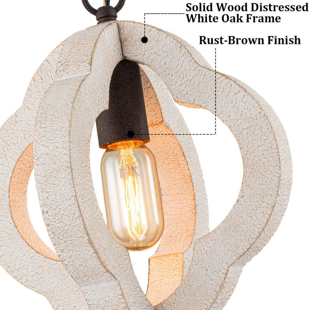 9.84-Inch Modern Farmhouse Style Wood Pendant Light, Distressed White Oak Finish with Adjustable Chain – Semi-Flush Mount Ceiling Hanging Fixture, Suitable for Kitchen Island, Dining Room, Entryway, Foyer
