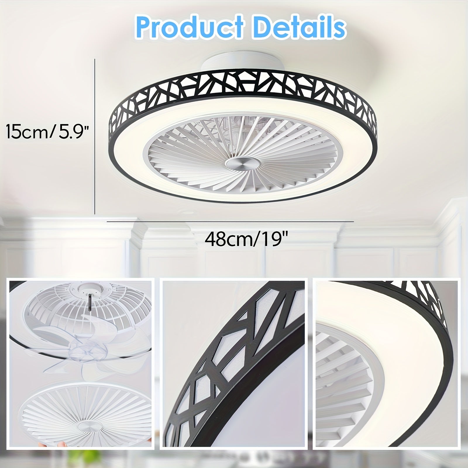 19-Inch Low Profile Flush Mount Ceiling Fan Light Fixture, with Light, 6 Speeds and 41W LED Bulb, Reversible Use, Suitable for Bedroom, Room and Living Room, Includes Remote Control
