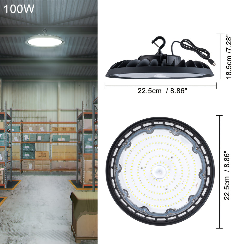 UFO LED high bay light 100W 5000K | 15000 LM garage light, with US-style hook, AC100-277V, ETL certified, IP65 waterproof, semi-flush mount installation, aluminum lampshade, MENCOLULU brand