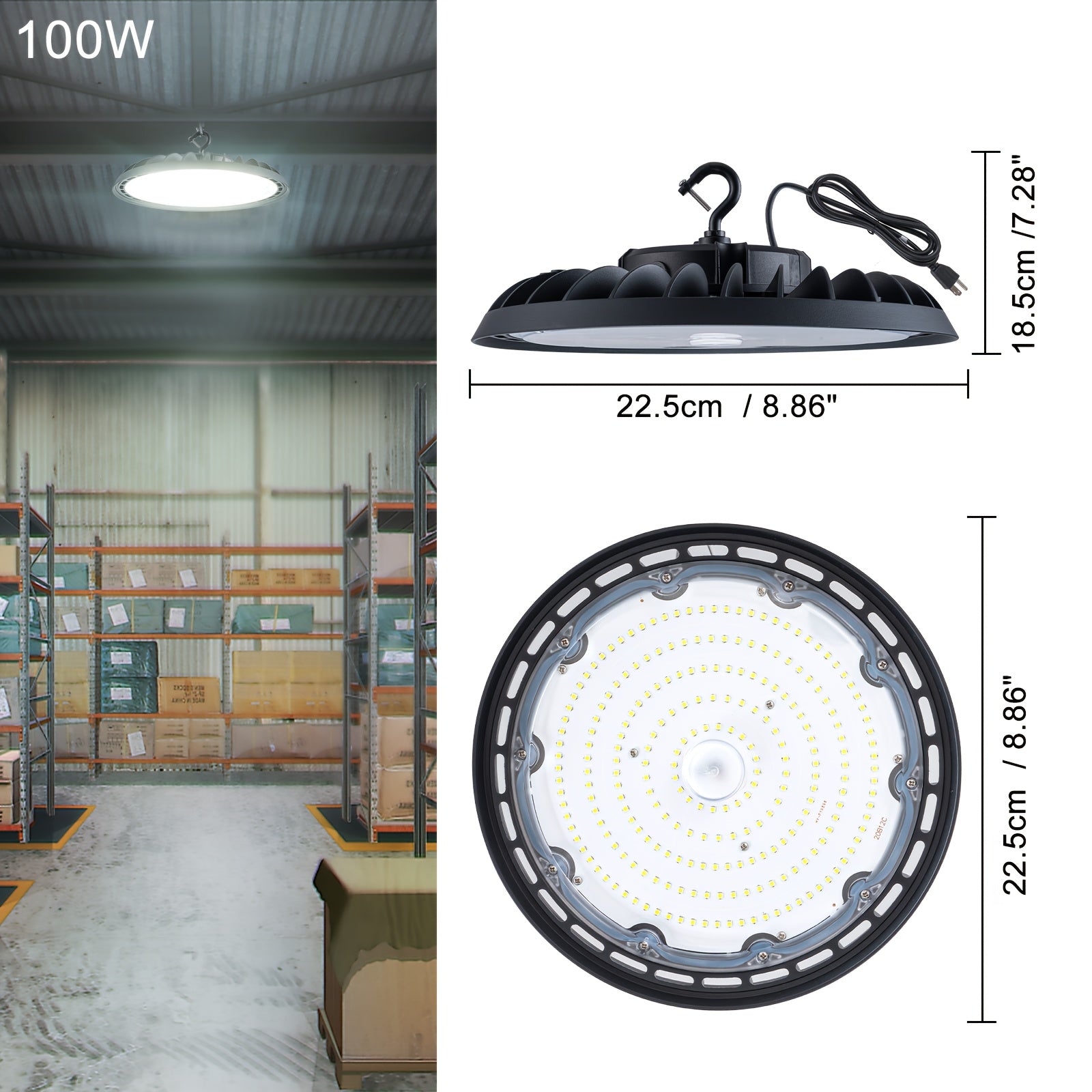 UFO LED high bay light 100W 5000K | 15000 LM garage light, with US-style hook, AC100-277V, ETL certified, IP65 waterproof, semi-flush mount installation, aluminum lampshade, MENCOLULU brand